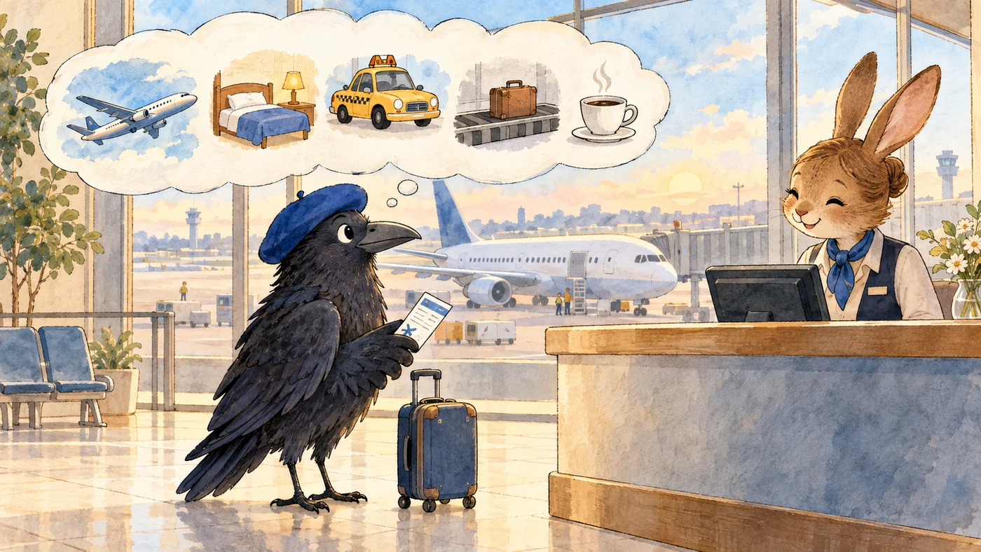 Watercolor drawing: a raven in a blue beret stands with a suitcase at the airport check-in counter and holds a ticket in its wing, above it a cloud with pictograms of an airplane, a hotel bed, a taxi, a suitcase on a conveyor belt, and a cup of coffee