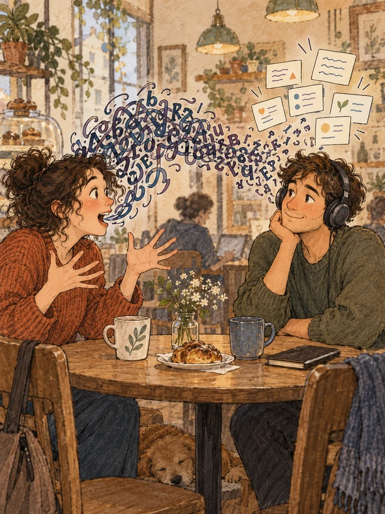 Illustration: a person with headphones sits in a cafe, a long ribbon of conjoined letters extends from a speaker towards them, and near their ear it breaks into individual word-cards