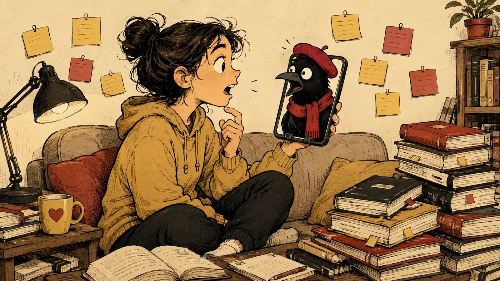 A person with a phone sits among a pile of textbooks and opens their mouth to say the first phrase aloud, while a crow in a beret looks at them in surprise from the screen