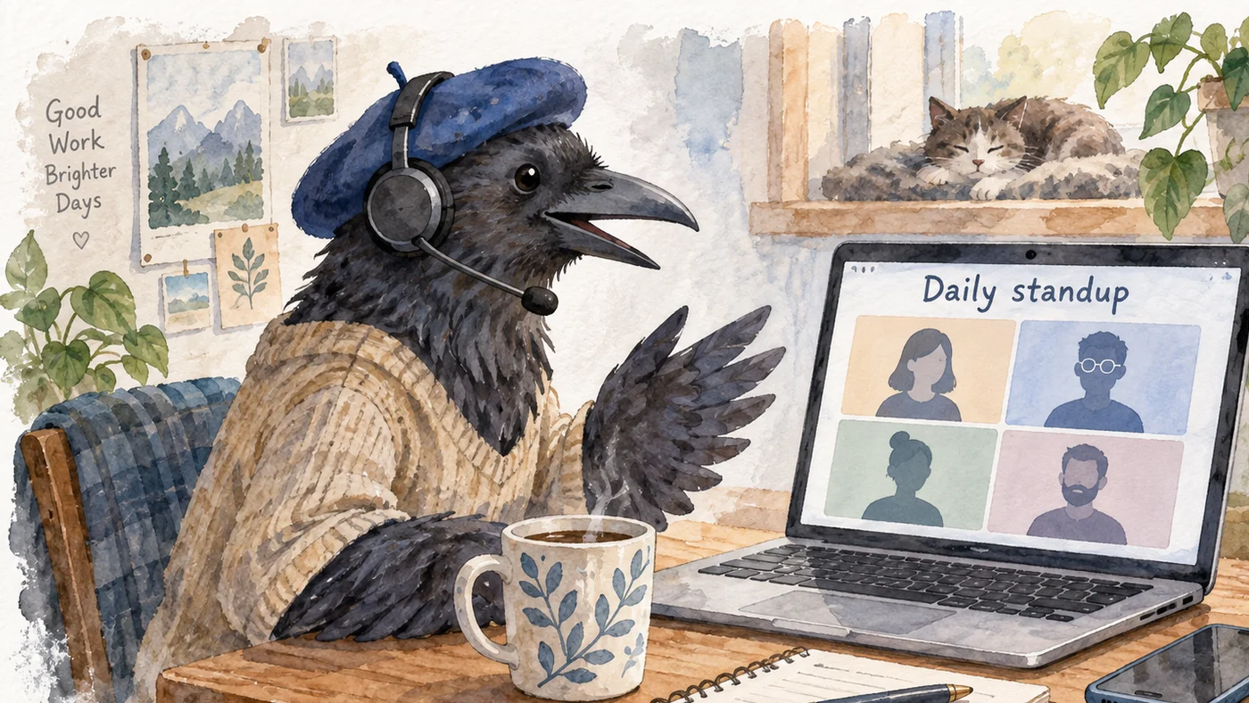 Watercolor drawing: a crow in a blue beret and headphones with a microphone sits at a desk, in front of him a laptop with a video call of four participants and the caption Daily standup, next to it a mug and a notebook