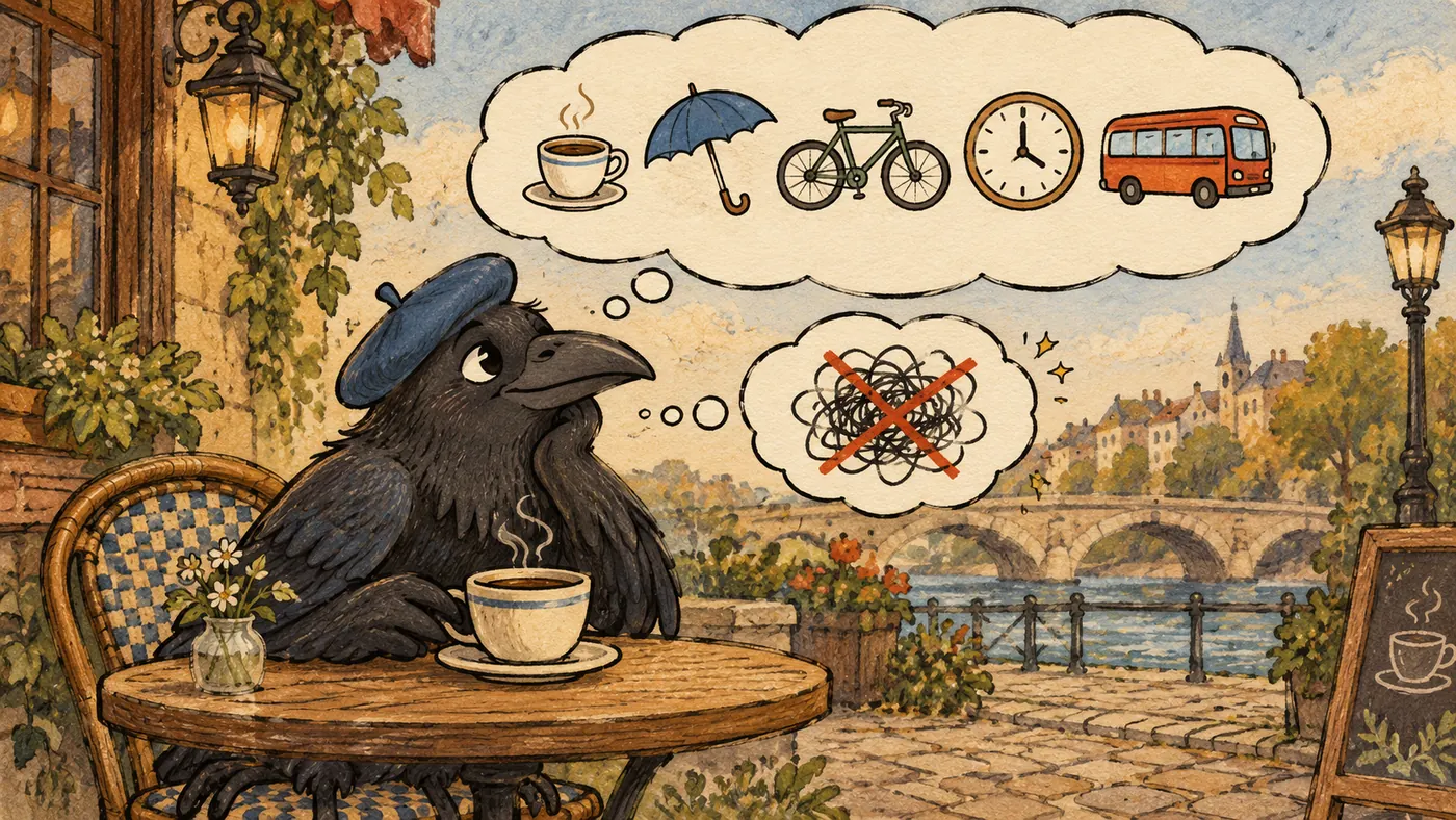 Illustration: a raven in a blue beret sits at a cafe table with a cup of coffee, above him a thought cloud of pictograms — a cup, an umbrella, a bicycle, a clock, and a bus — and next to it a crossed-out cloud of scribbles