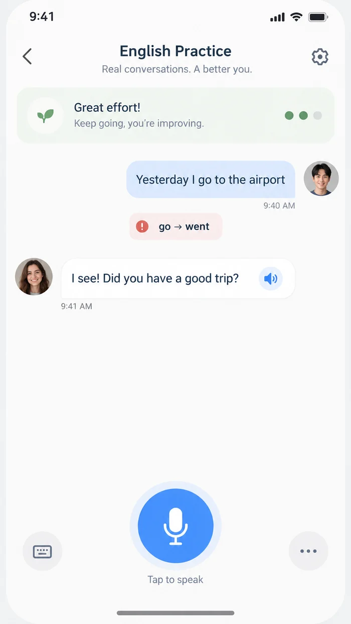 Parleo conversation screen: below the student's phrase with a mistake, there's a green card with the corrected version and a short explanation in Russian, and below that, Parleo is already asking the next question