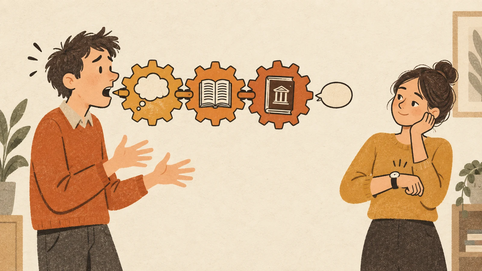Illustration: a chain of three gears — Russian thought, vocabulary, and grammar textbook — extends from an open human mouth, and only after them does a short English word emerge, while the interlocutor next to them checks their watch