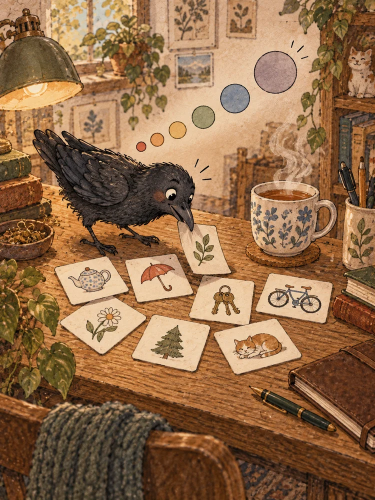 Image: Flashcards with pictures of a teapot, umbrella, keys, and bicycle are laid out on a table, with six circular steps above them; a crow flips one card with its beak.
