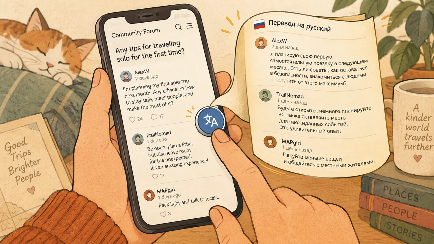 Illustration: a phone in hand with an English-language forum thread, a round translation button over the screen, and a sheet unfolding next to it with the same replies in Russian