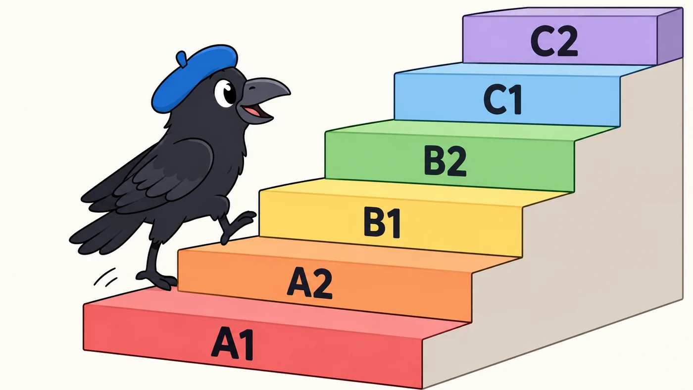Illustration: a crow in a blue beret climbs a colorful staircase, with steps labeled A1, A2, B1, B2, C1, and C2