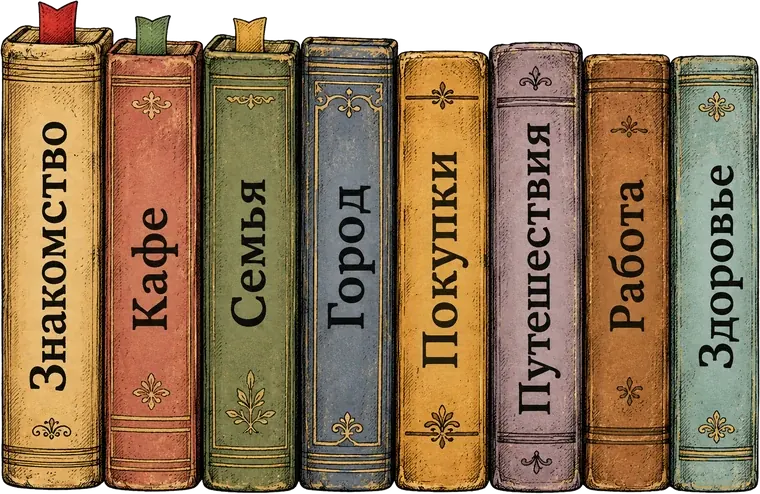 Eight books: Introduction, Cafe, Family, City, Shopping, Travel, Work, Health