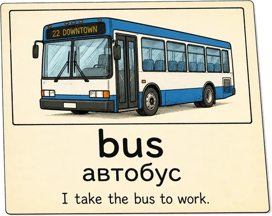 Word card for bus — bus with picture and example