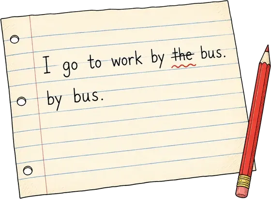 I go to work by the bus — the word 'the' is crossed out, below it 'by bus'